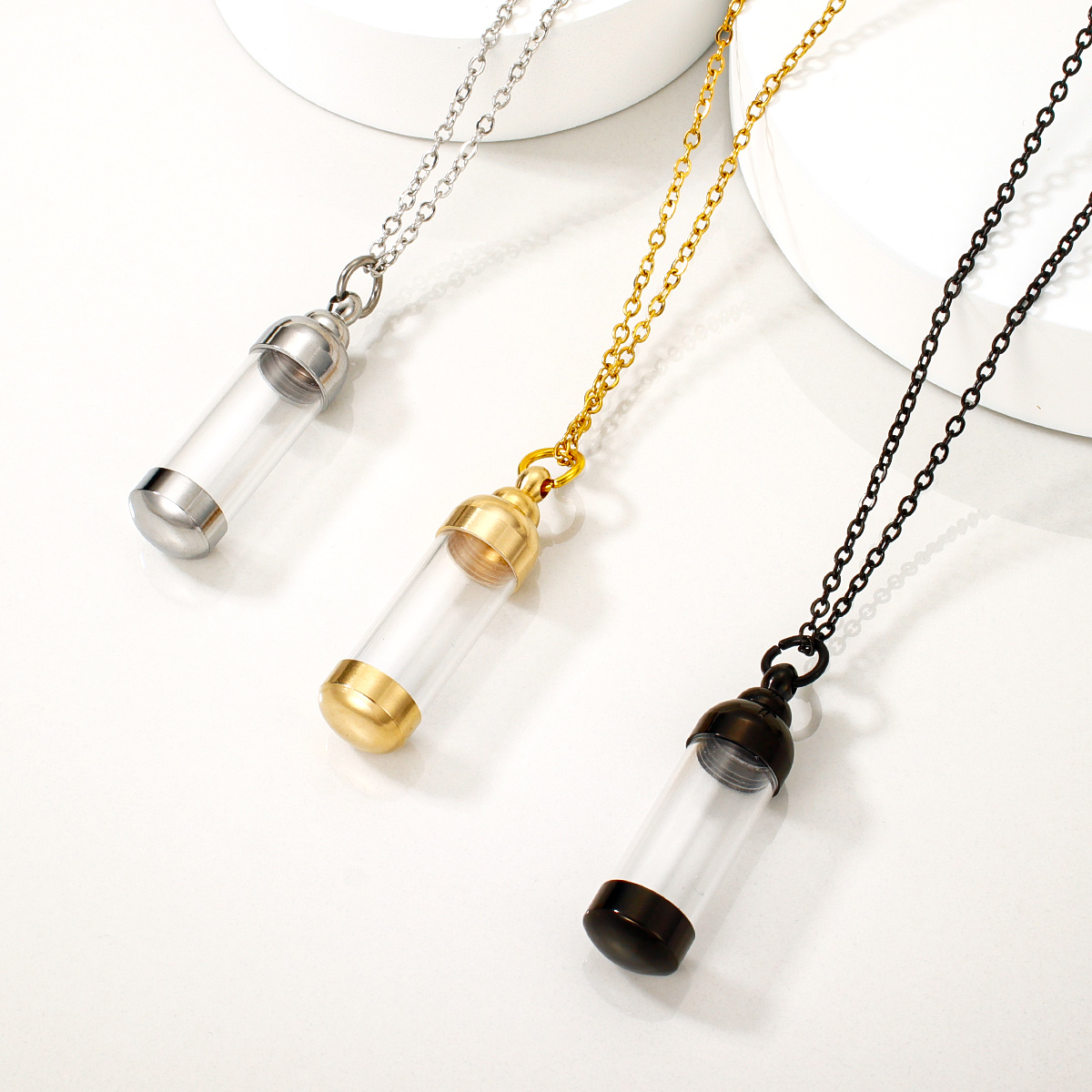 镀金时尚长管项链 透明可开启香水瓶 不锈钢链吊坠项链