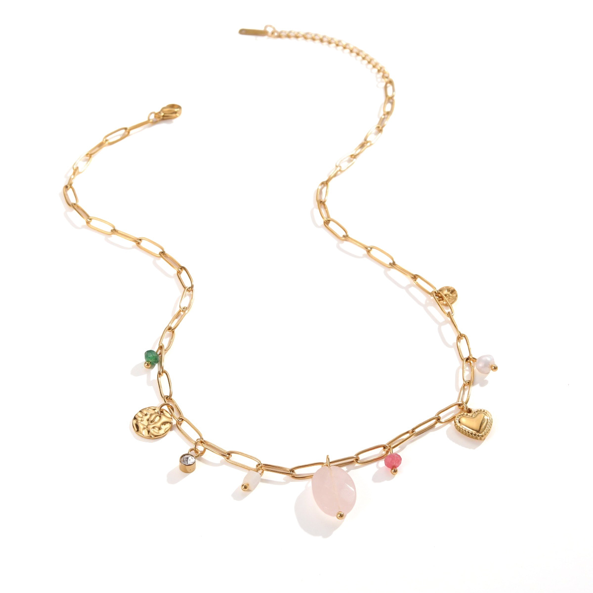 18K镀金珍珠心形吊坠链条不锈钢项链